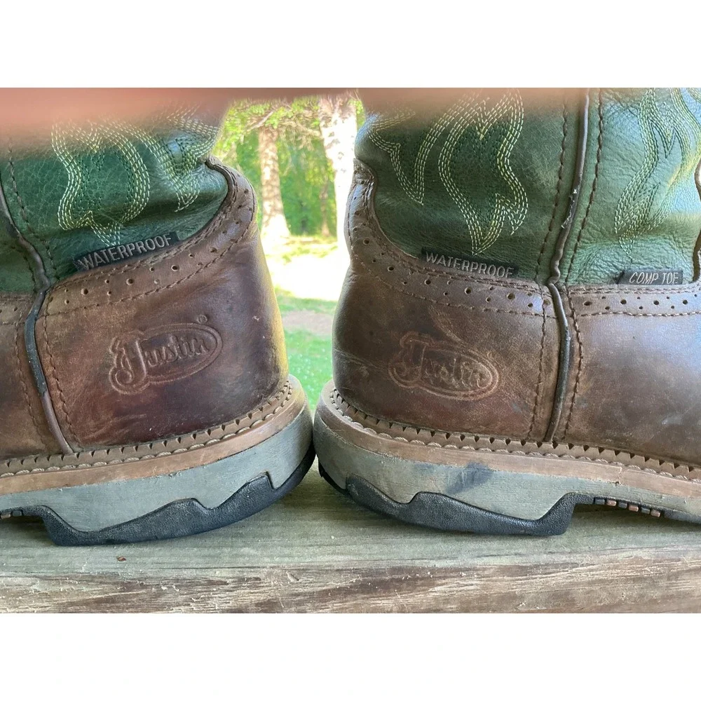 Justin‎ Mens Waterproof Composite Toe Work Boots Brown Green Square Toe Leather